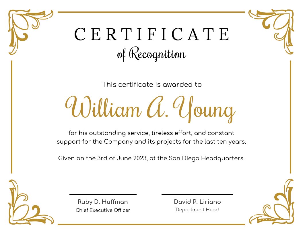 Golden Certificate Of Recognition Template Inside Template For Recognition Certificate