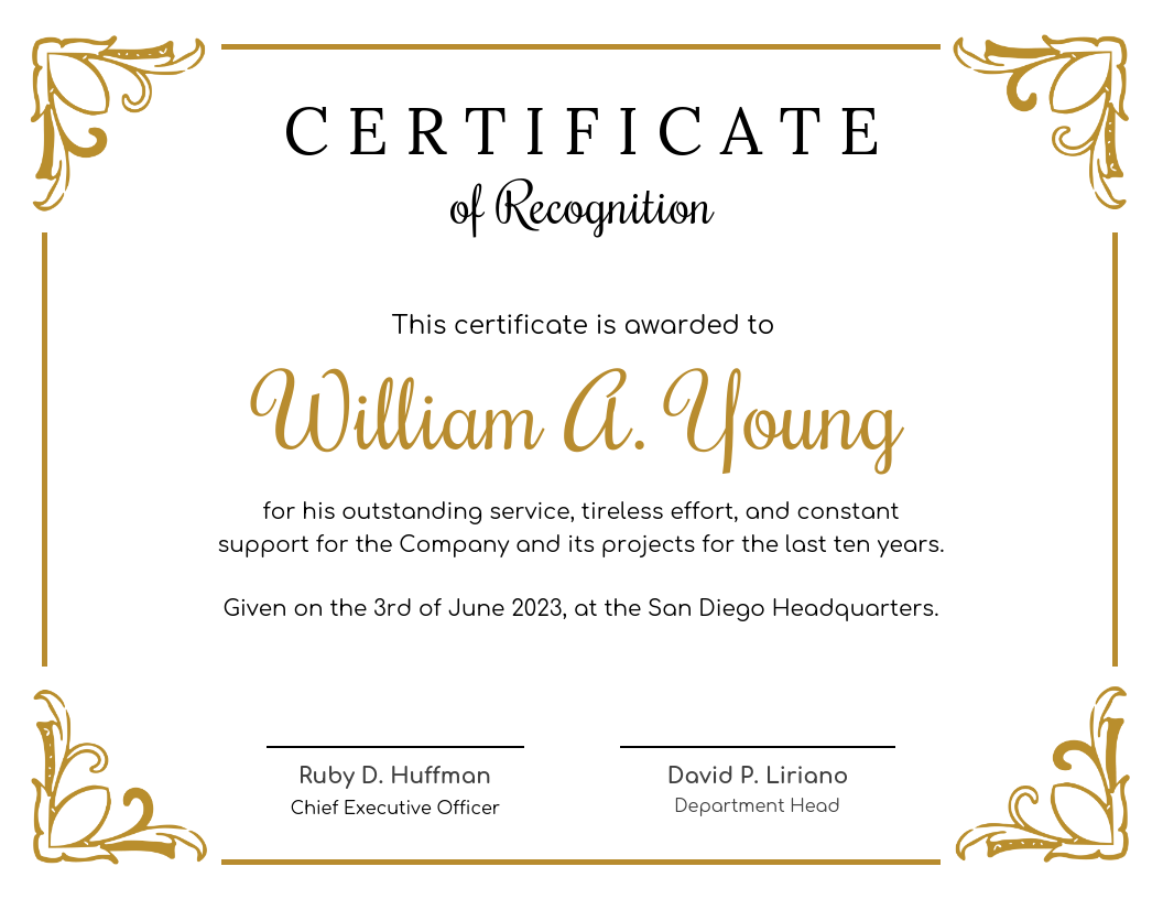 Golden Certificate Of Recognition Template Regarding Recognition Of Service Certificate Template