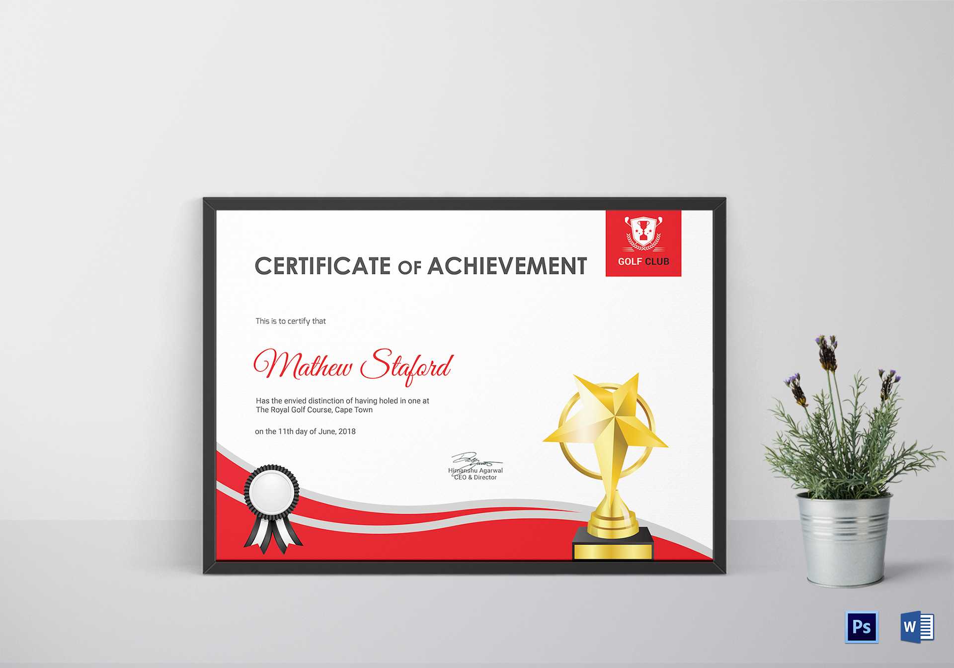 Golf Achievement Certificate Design Template in PSD, Word