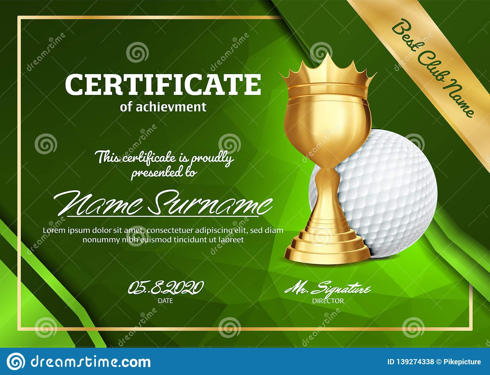 Golf Certificate Diploma with Golden Cup Vector