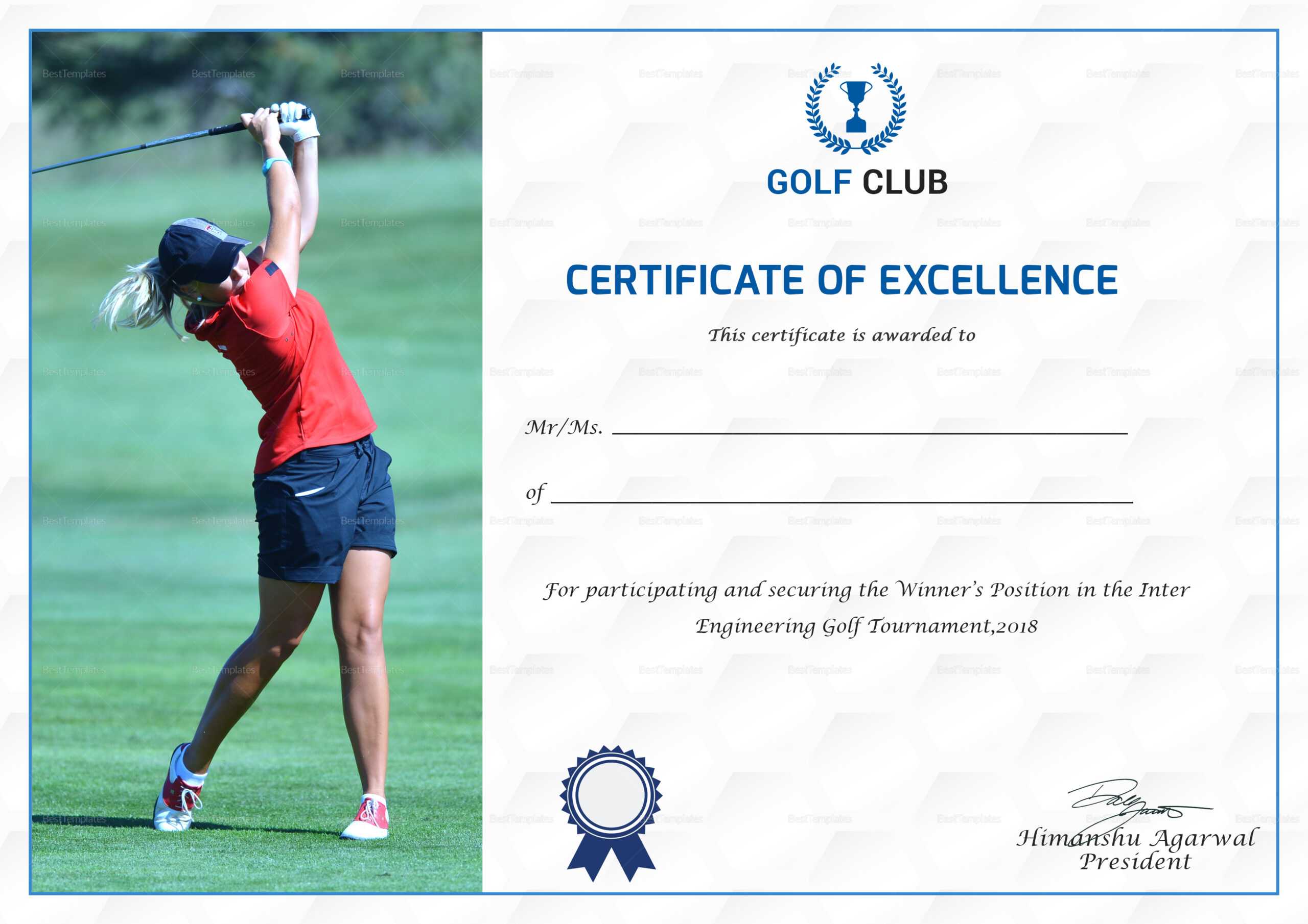 Golf Excellence Certificate Design Template In PSD, Word Pertaining To Golf Certificate Templates For Word