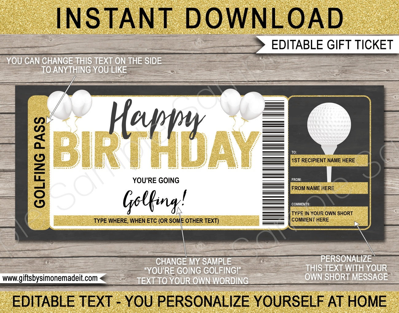 Golf Gift Certificate Template Voucher Ticket Pass - Birthday Golfing Trip  - Play a Round of Golf Card Coupon - EDITABLE TEXT DOWNLOAD Pertaining To Golf Certificate Template Free