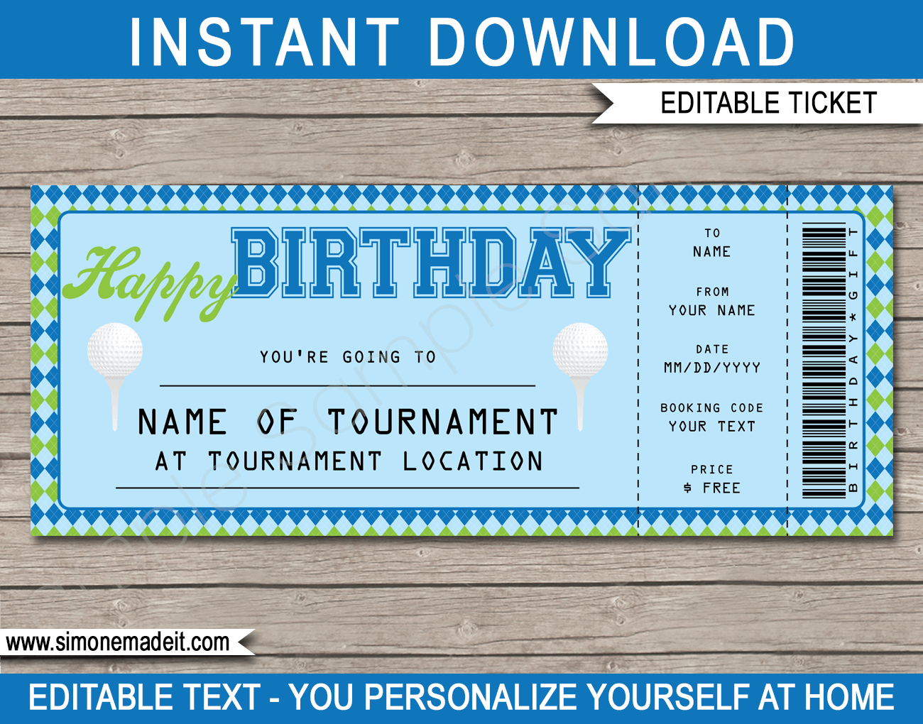 Golf Ticket Birthday Gift Voucher  Editable & Printable Golf  Regarding Golf Gift Certificate Template