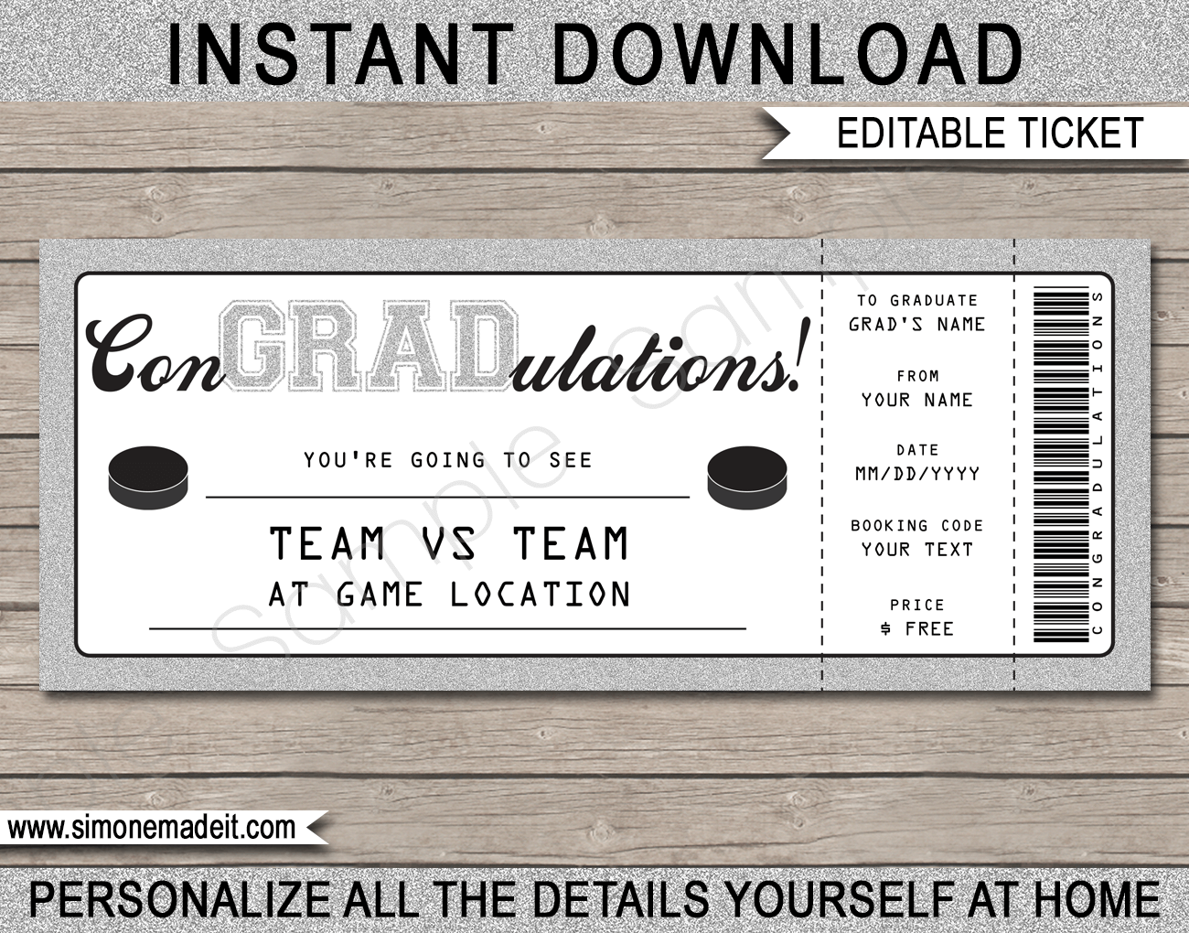 Graduation Hockey Ticket Gift Voucher - Printable Hockey Ticket  Intended For Graduation Gift Certificate Template Free