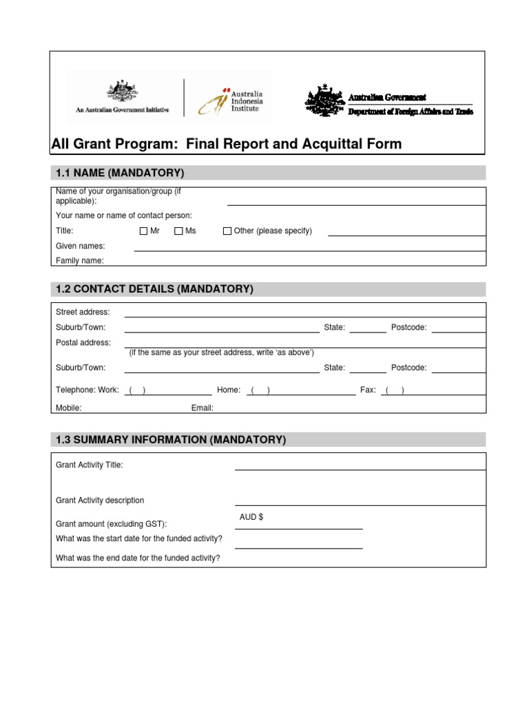 Grant Completion Report  PDF  Address (Geography)  Personally  Within Acquittal Report Template