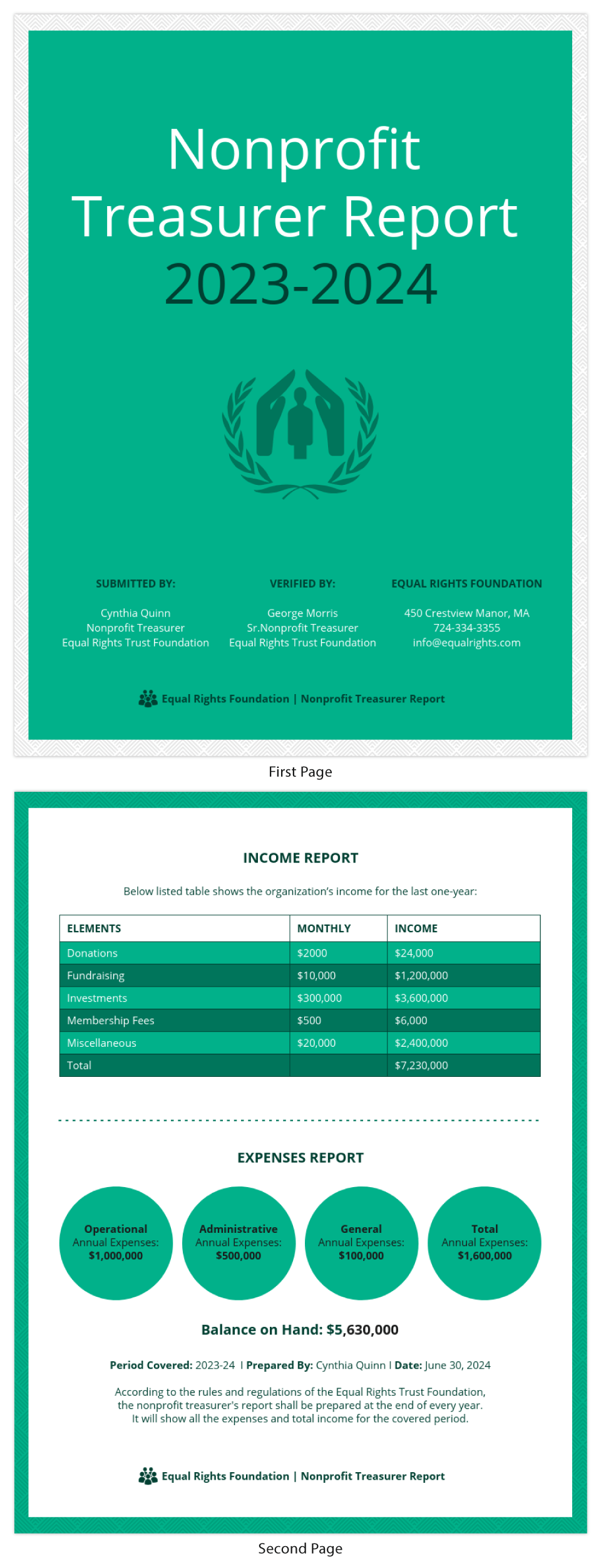 Green Equal Rights Nonprofit Treasurer Report Template For Treasurer Report Template Non Profit