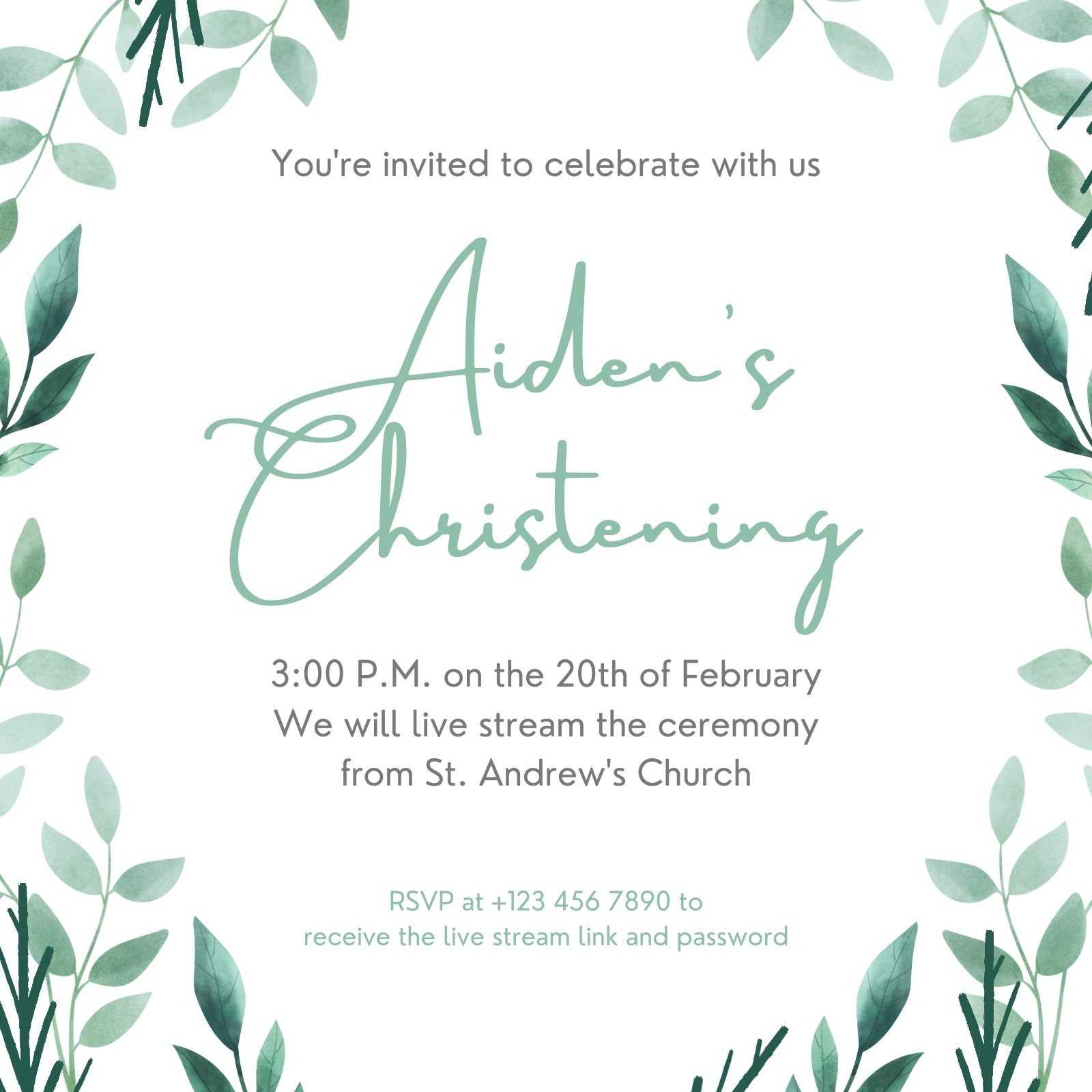 Green Leaves Watercolor Christening Animated Square Invitation Intended For Blank Christening Invitation Templates