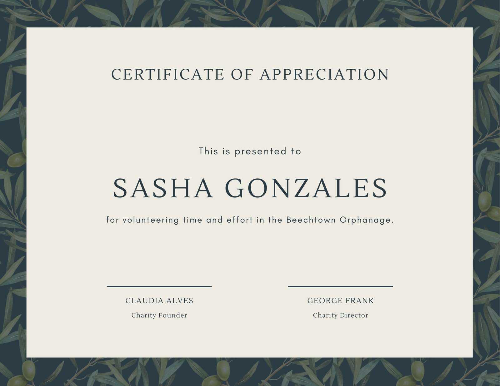 Green Olive Tree Leaves Volunteer Appreciation Certificate  Throughout Volunteer Award Certificate Template