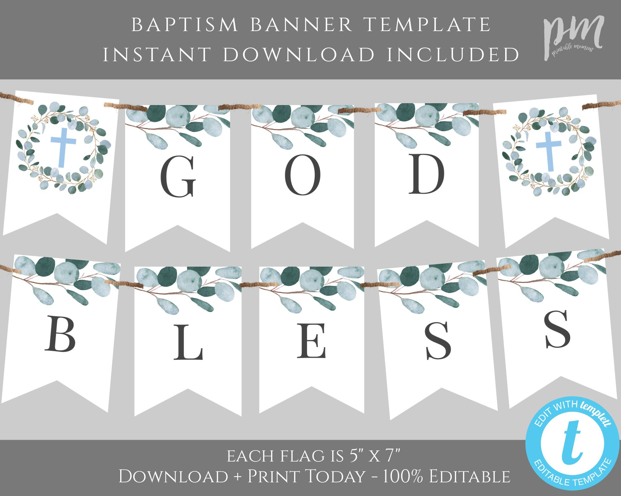 Greenery Baptism Flag Banner Baptism Bunting Flag Template  Within Christening Banner Template Free