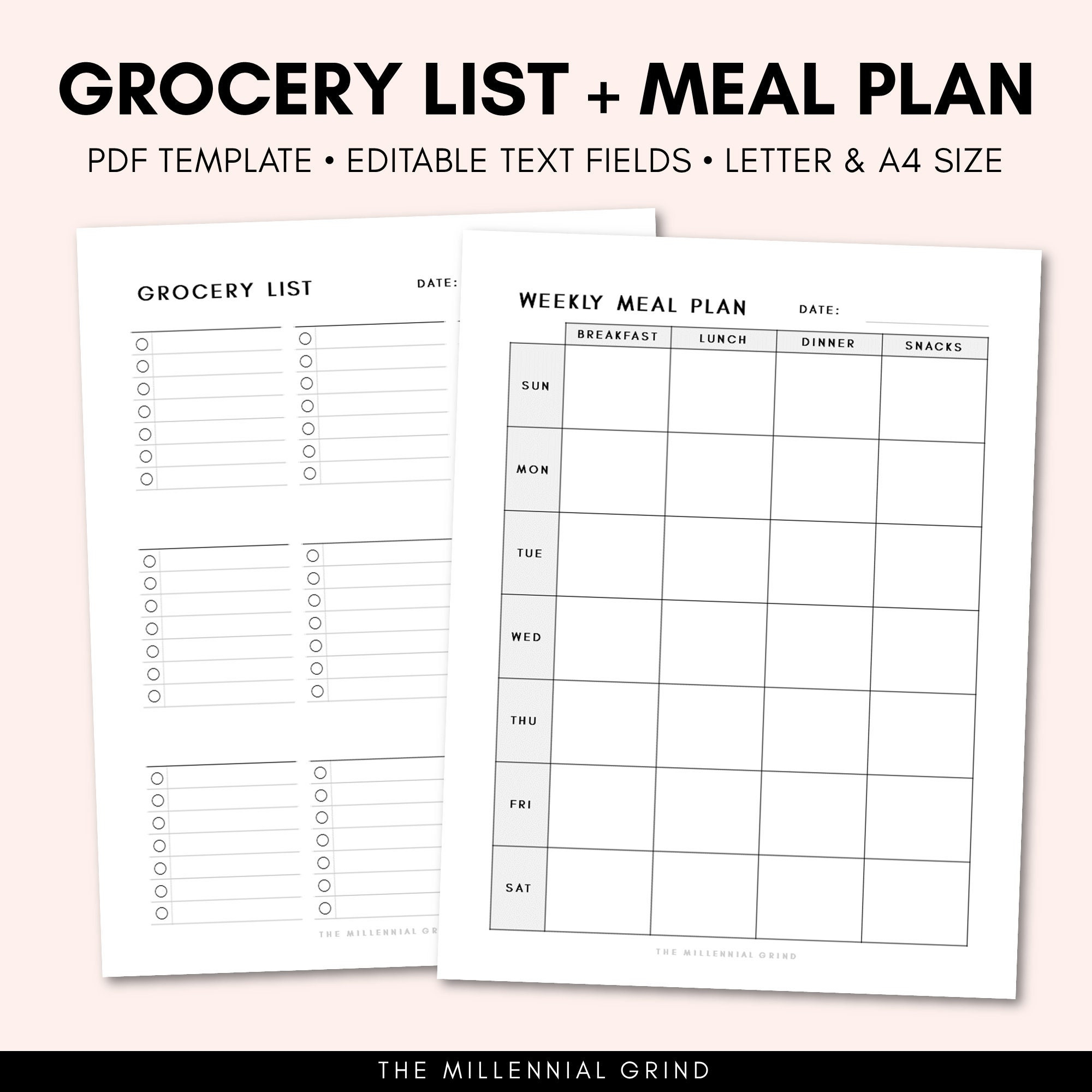 Grocery List Printable Meal Planner Printable Grocery List - Etsy  Regarding Blank Meal Plan Template