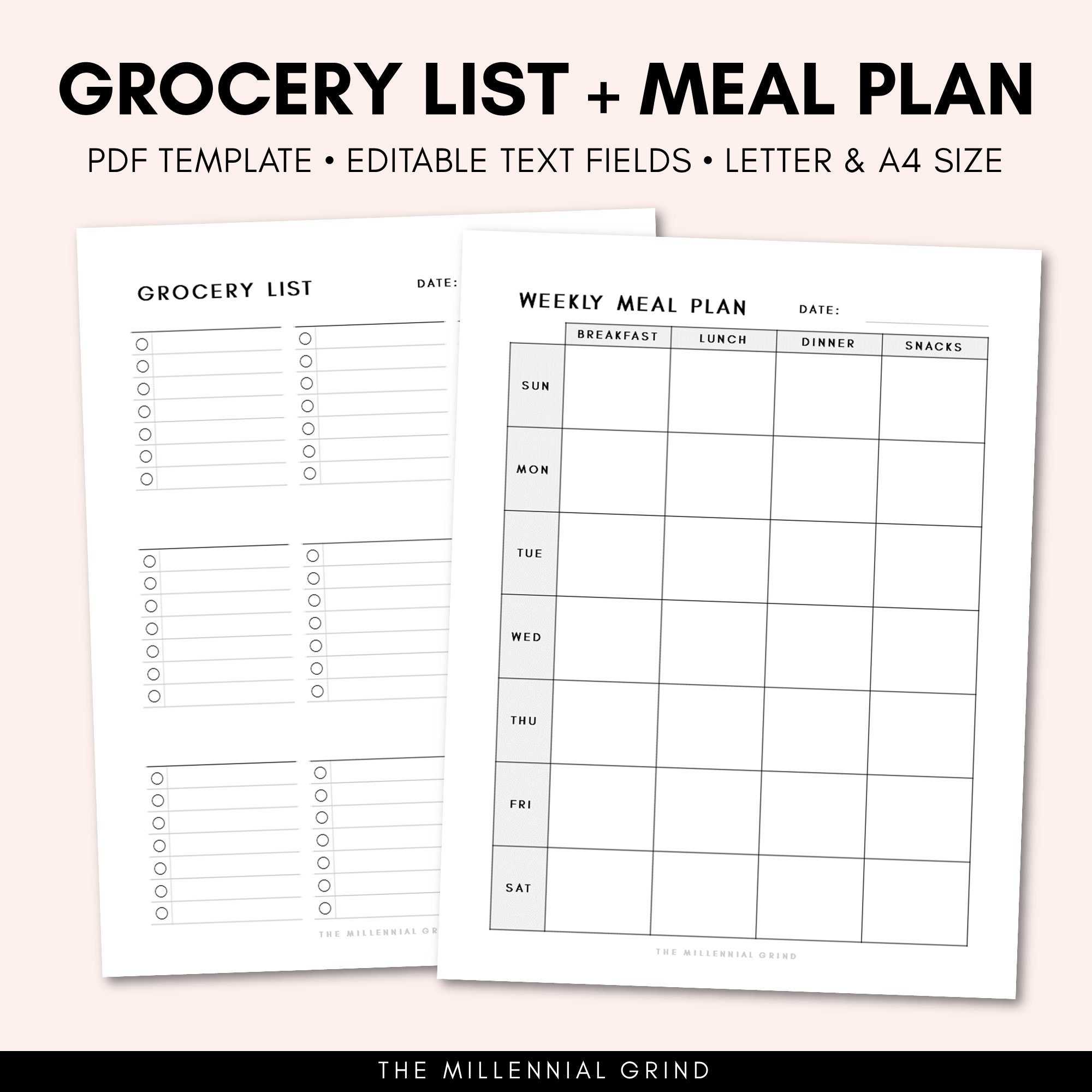 Grocery List Printable Meal Planner Printable Grocery List - Etsy  Regarding Blank Meal Plan Template