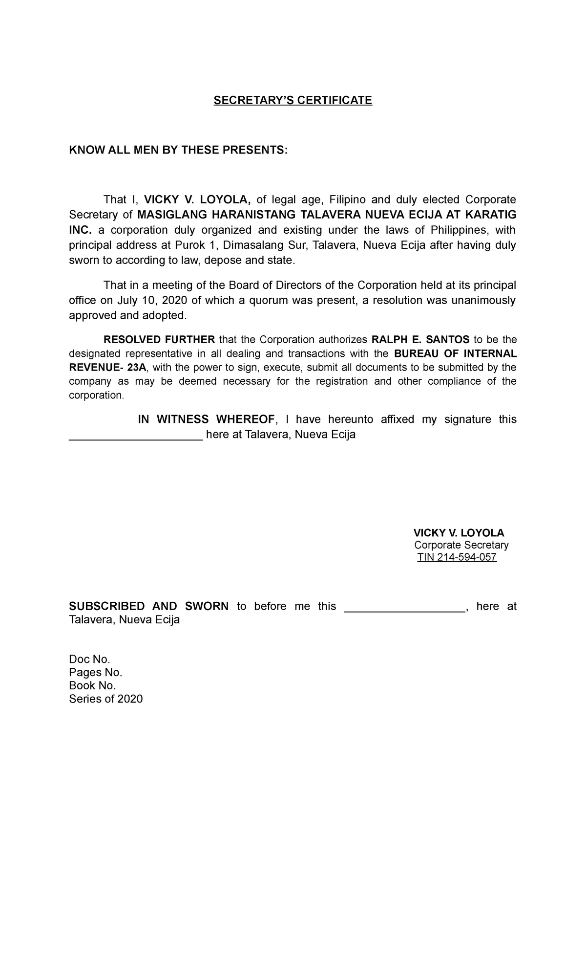 Haranista SEC CERT - sample secretary certificate - SECRETARY