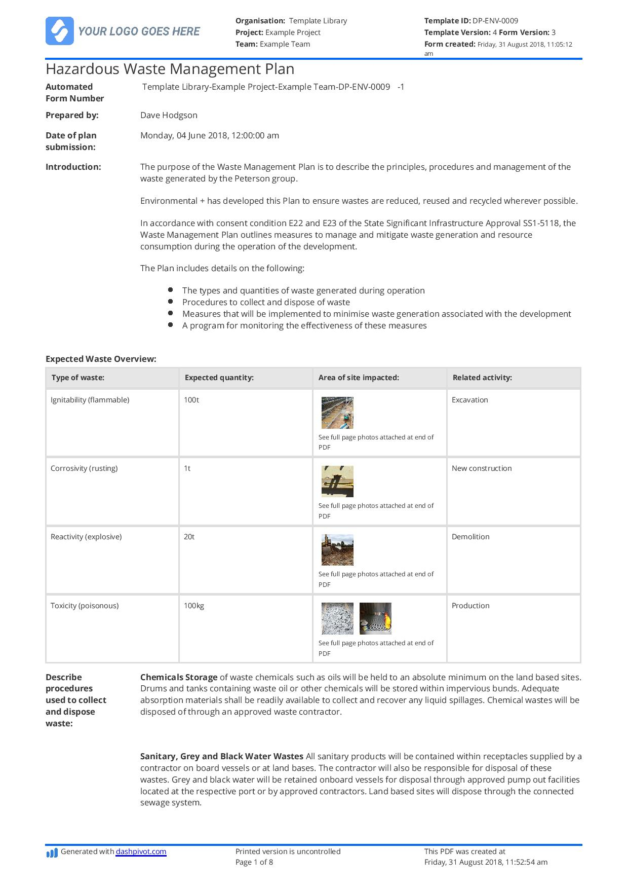 Hazardous Waste Management Plan template - Free and editable Intended For Waste Management Report Template