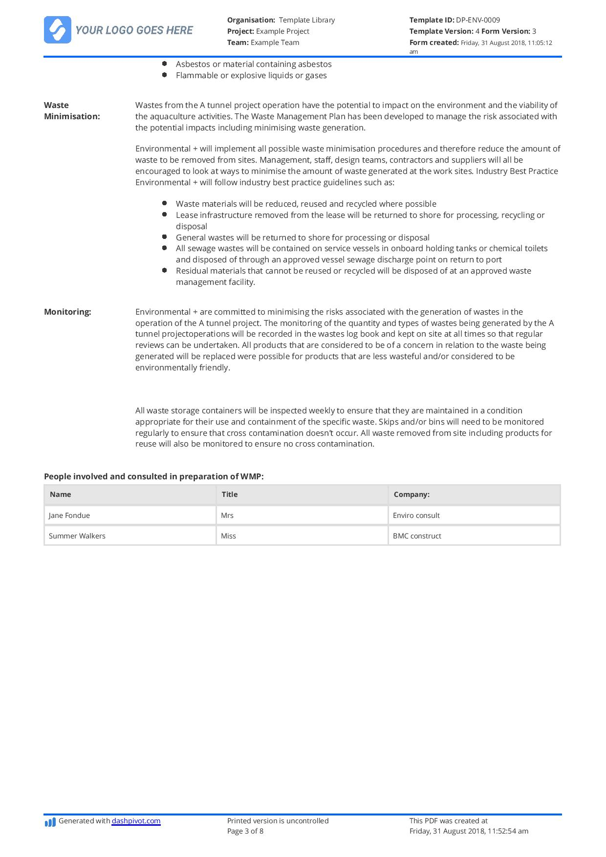 Hazardous Waste Management Plan template - Free and editable Intended For Waste Management Report Template