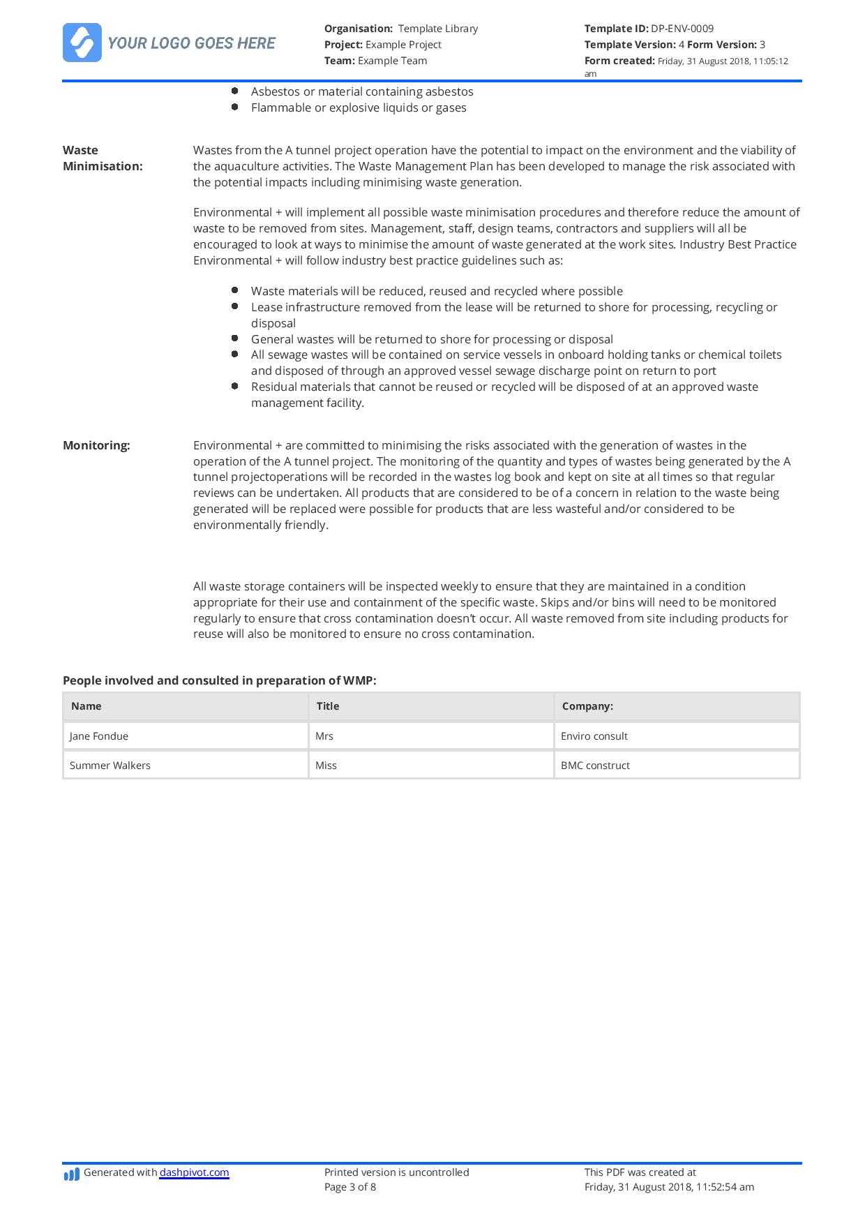 Hazardous Waste Management Plan template - Free and editable Intended For Waste Management Report Template