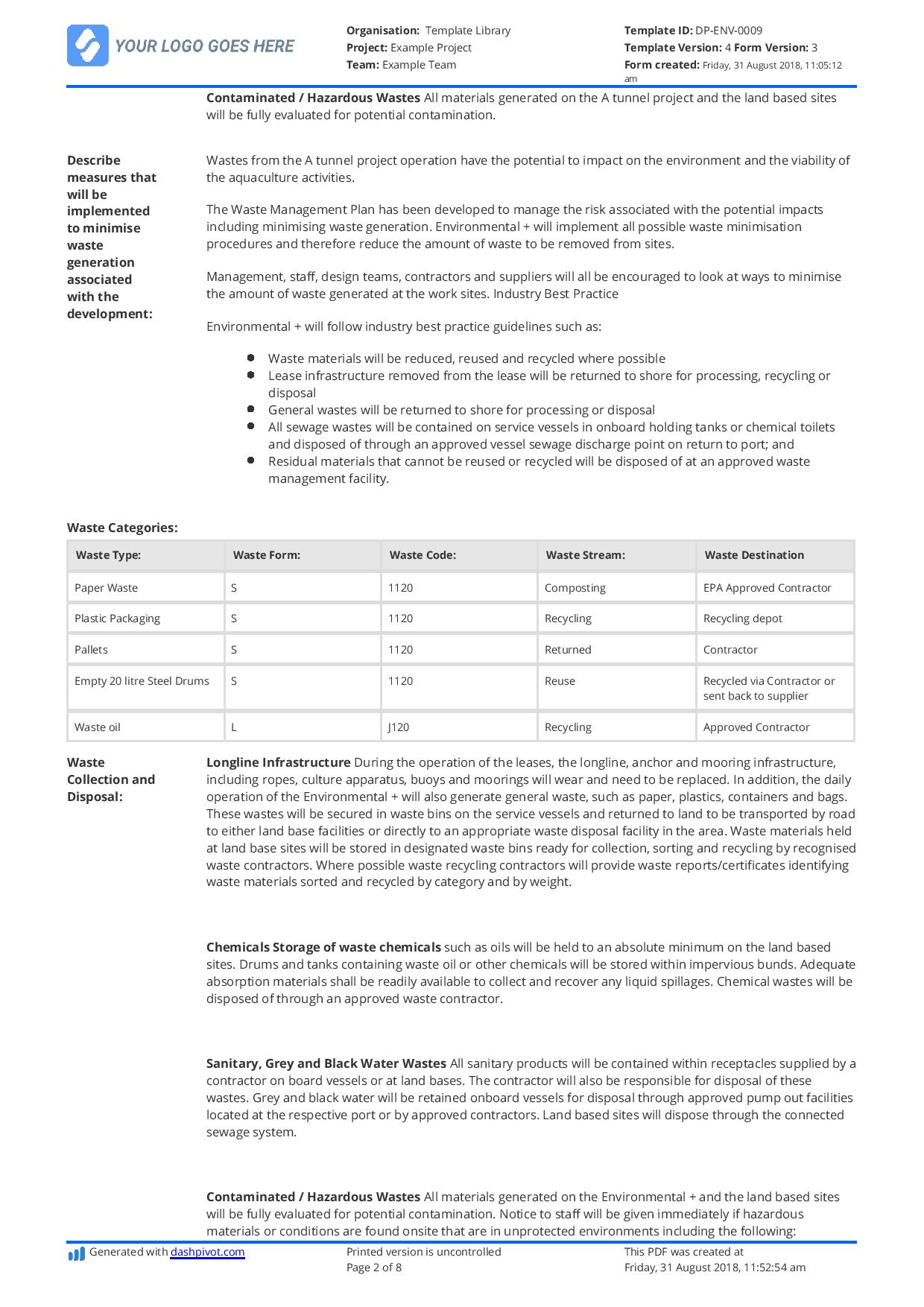 Hazardous Waste Management Plan template - Free and editable With Waste Management Report Template