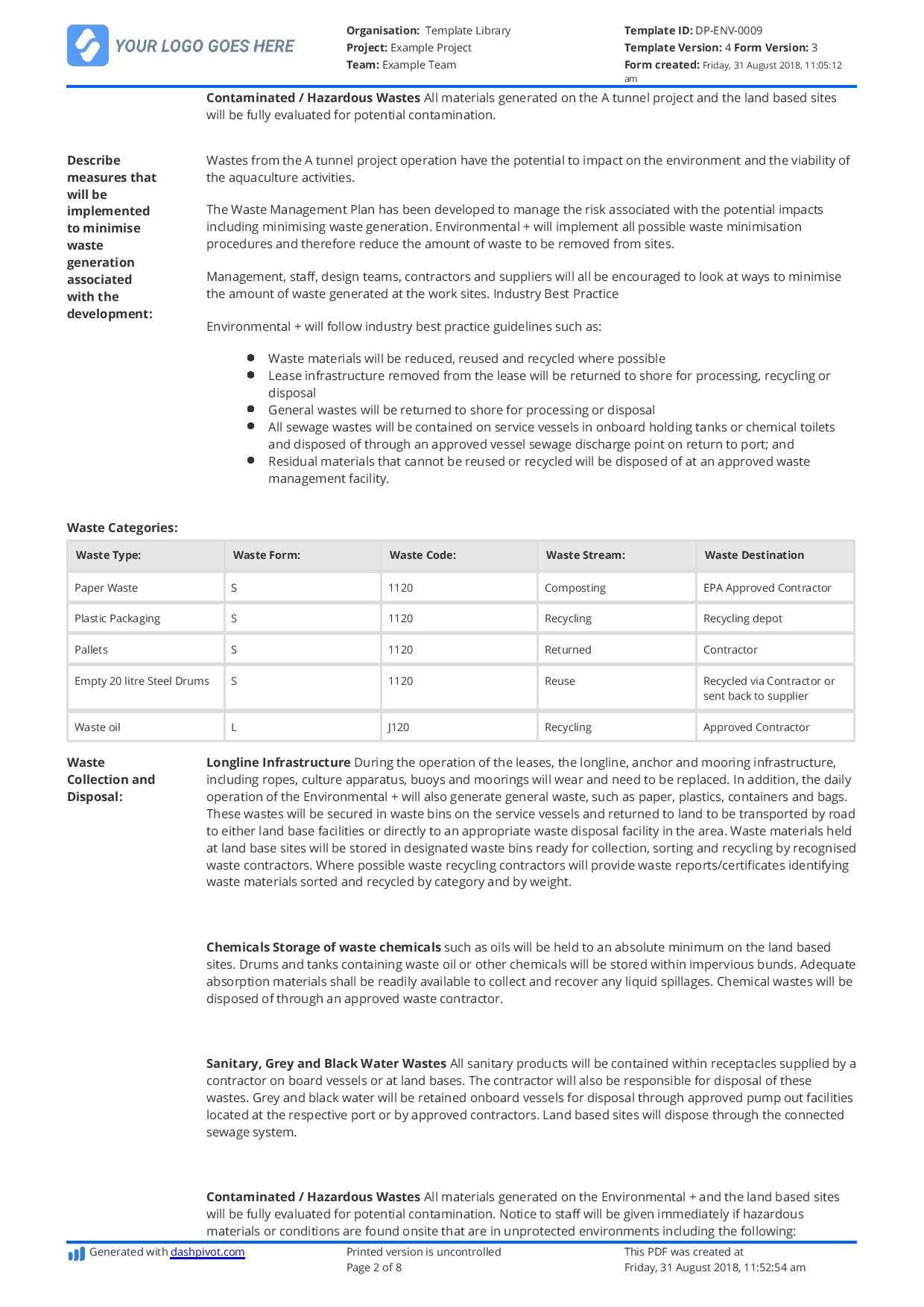 Hazardous Waste Management Plan Template – Free And Editable With Waste Management Report Template