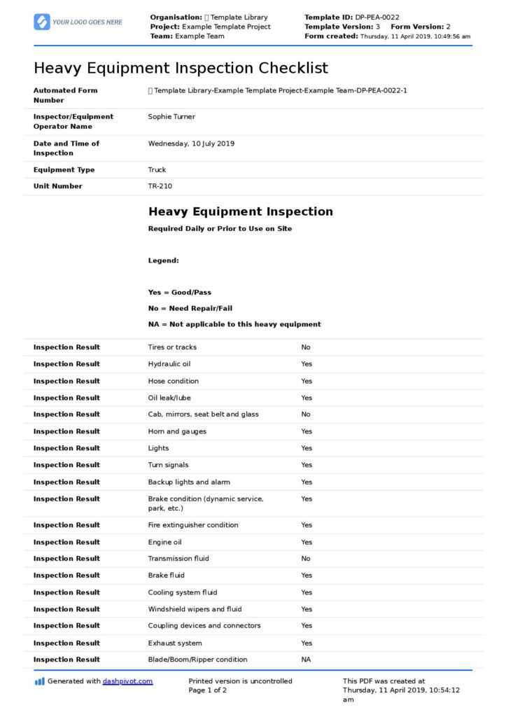 Heavy Equipment Inspection Checklist template (Free editable form) In
