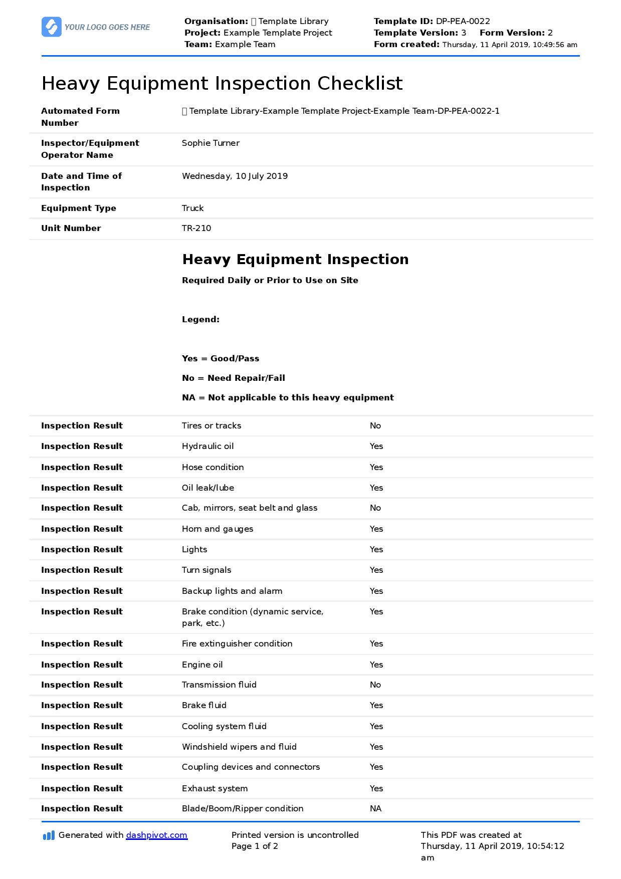 Heavy Equipment Inspection Checklist template (Free editable form) In Machine Shop Inspection Report Template