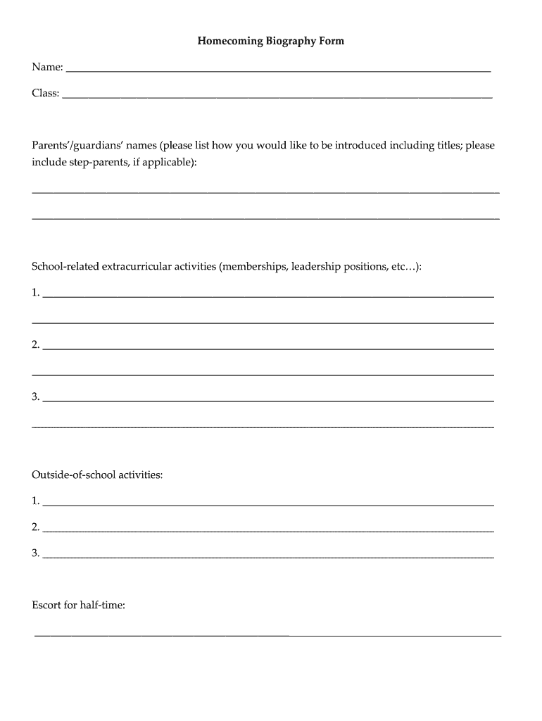 Homecoming Bio Template – Fill Online, Printable, Fillable, Blank  Within Free Bio Template Fill In Blank