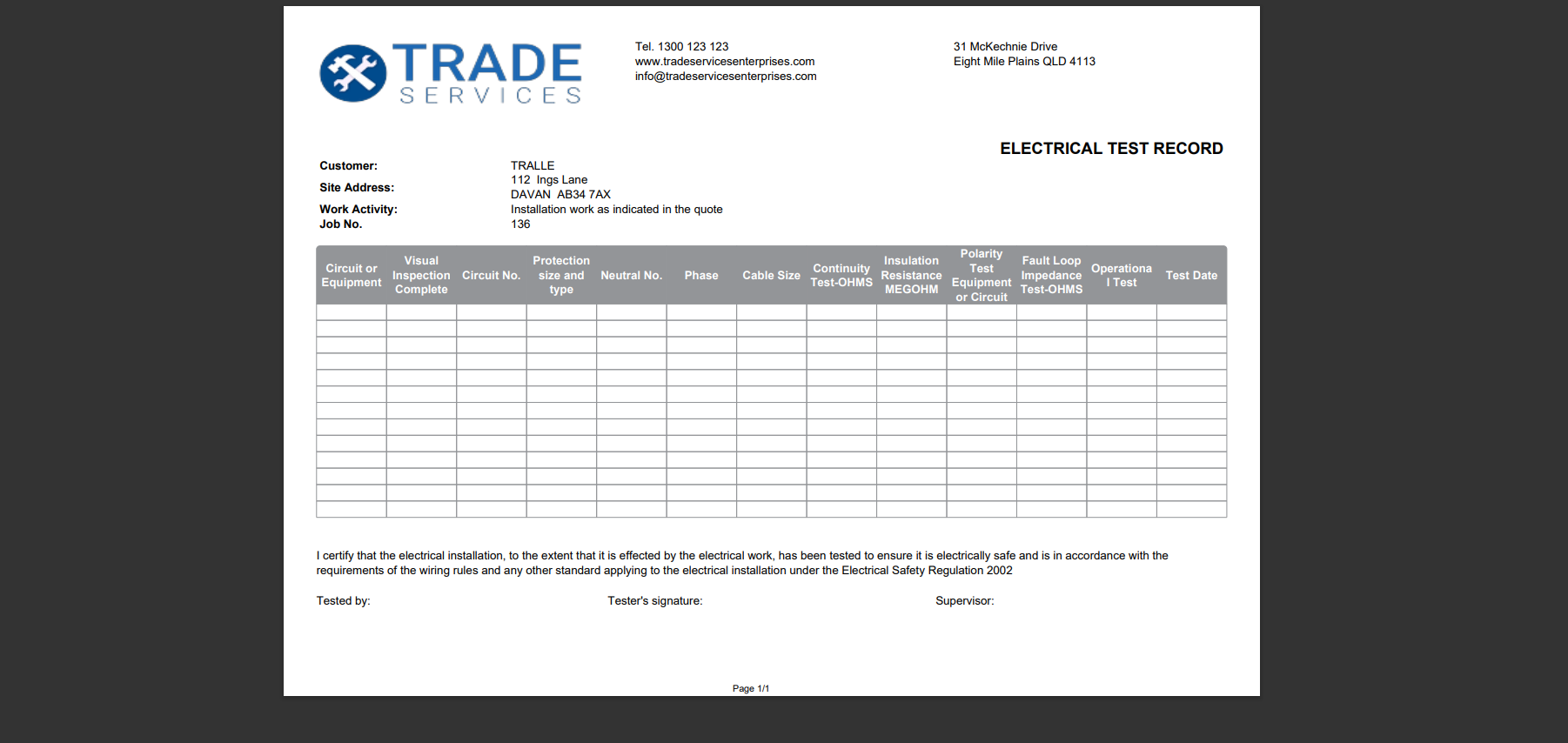 How to Set Up Electrical Test Forms  simPRO Throughout Electrical Installation Test Certificate Template