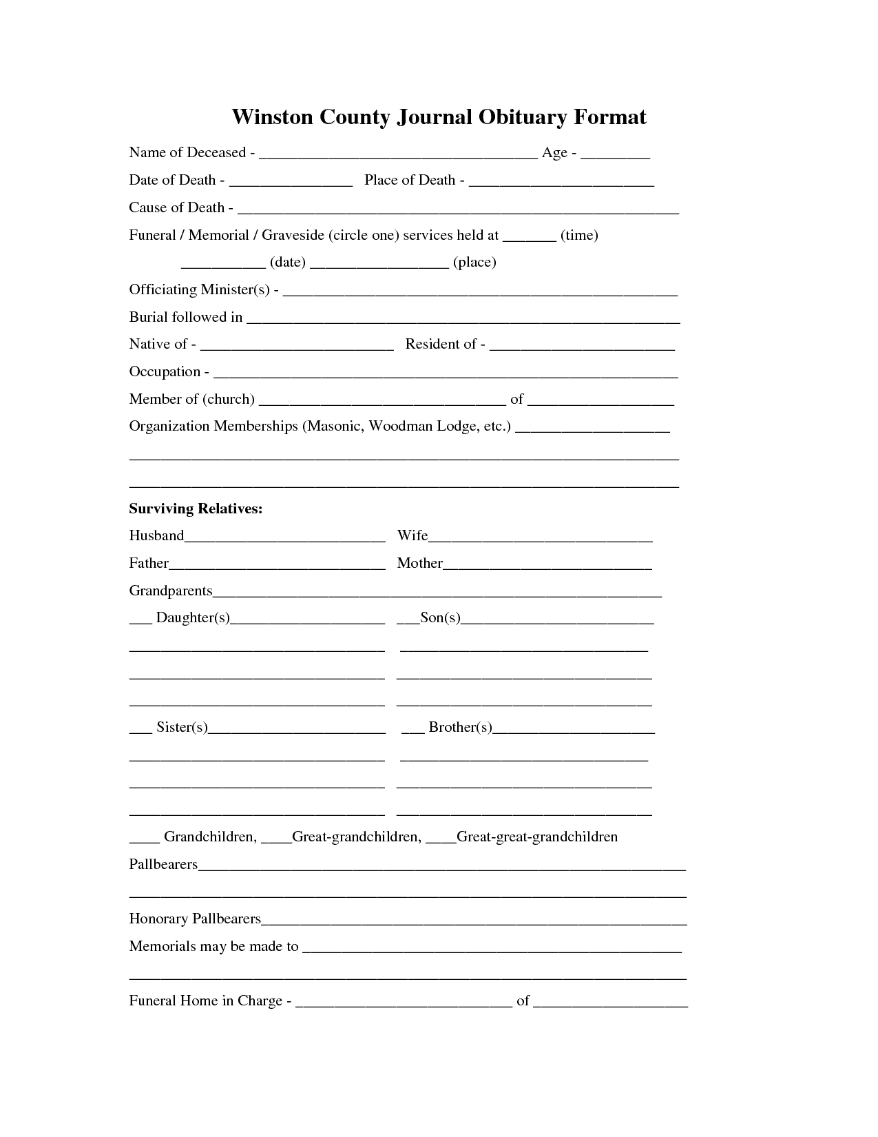 how to write a death notice for a father In Fill In The Blank Obituary Template