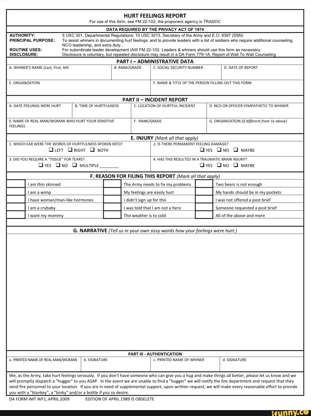 HURT FEELINGS REPORT For use of this form, see FM 10-10; the  Throughout Hurt Feelings Report Template