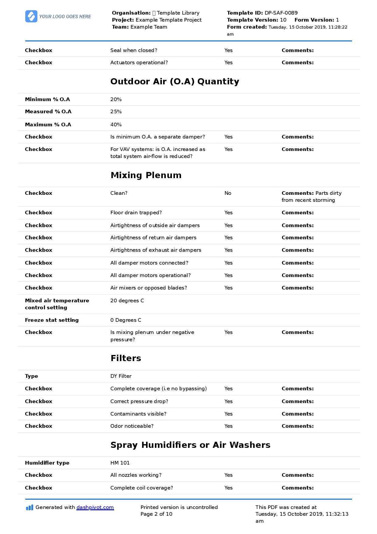 HVAC Inspection Checklist Template (Free + Better Than PDF) With Air Balance Report Template