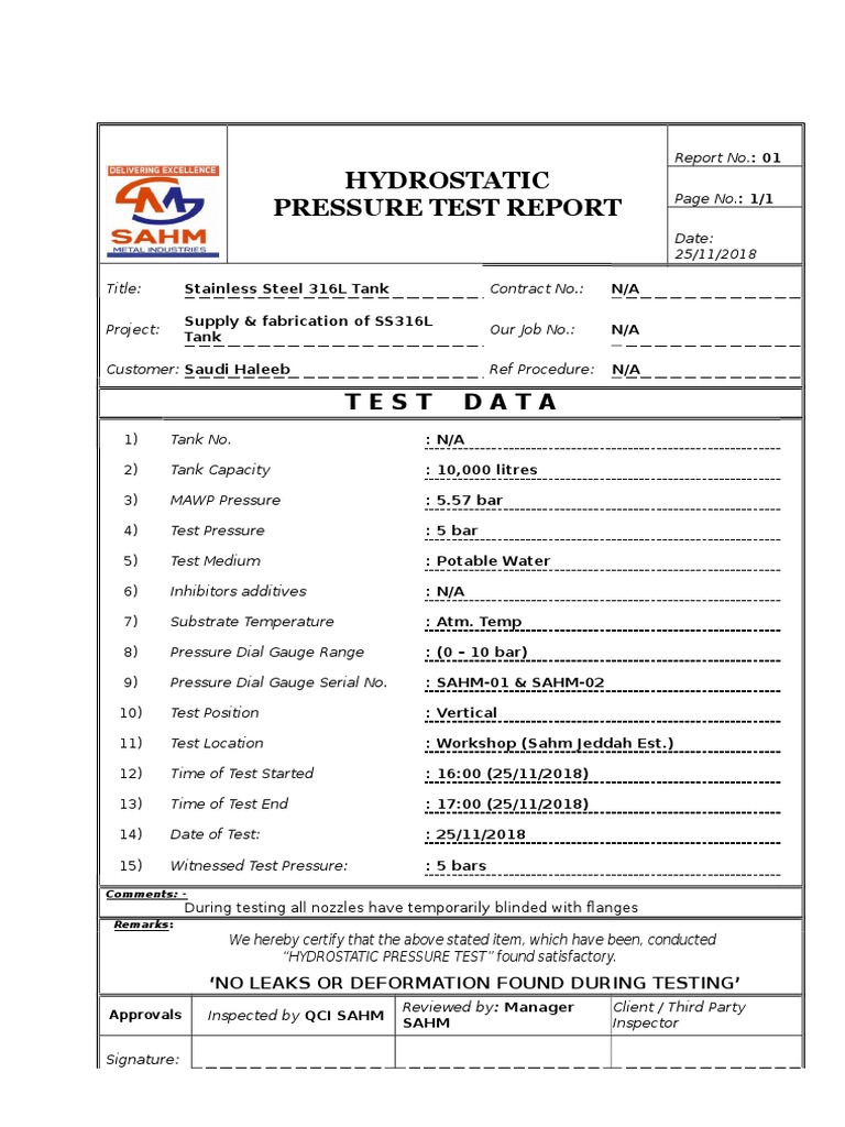 Hydrostatic Pressure Test Report  PDF Inside Hydrostatic Pressure Test Report Template