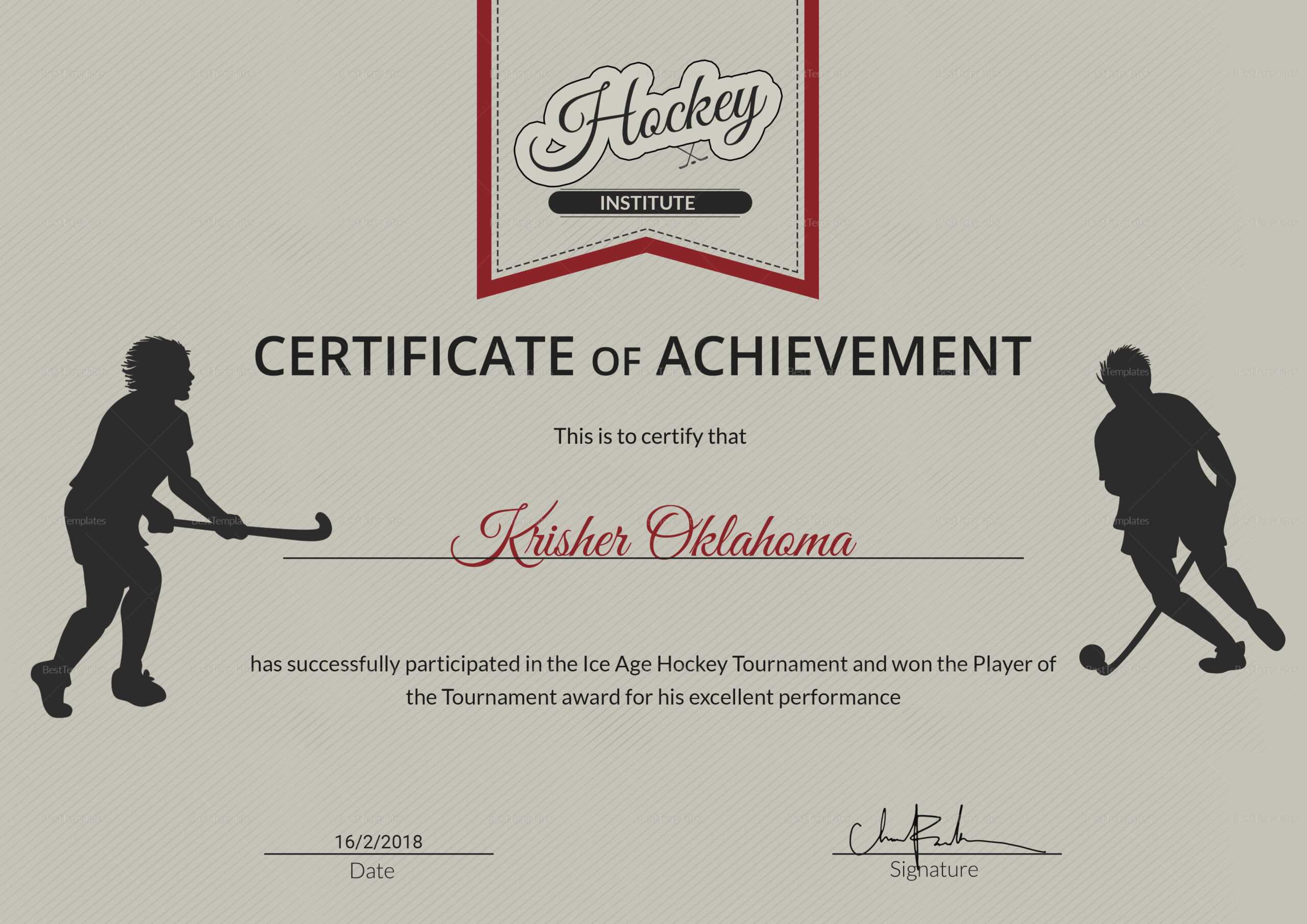 Ice Hockey Achievement Certificate Design Template In PSD, Word For Hockey Certificate Templates