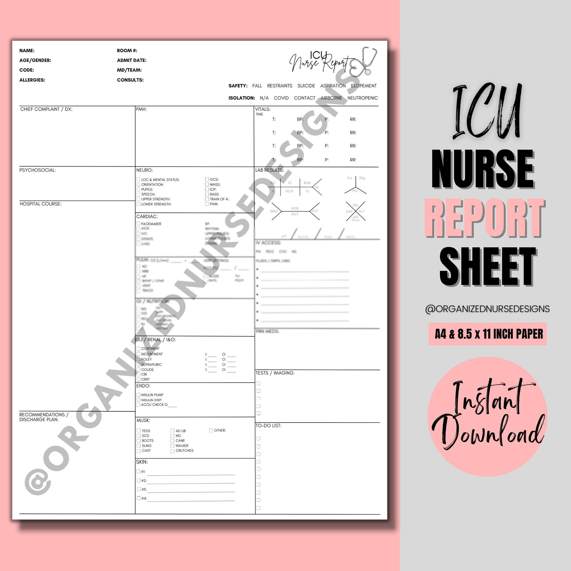 ICU Nurse Report Sheet Nurse Brain Sheet Critical Care - Etsy