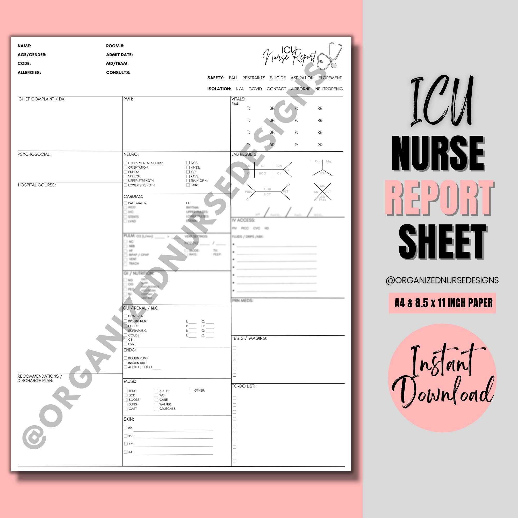 ICU Nurse Report Sheet Nurse Brain Sheet Critical Care - Etsy