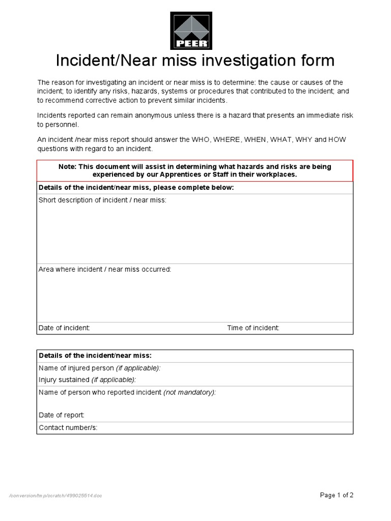 Incident Near Miss Investigation Form Template  PDF Regarding Near Miss Incident Report Template