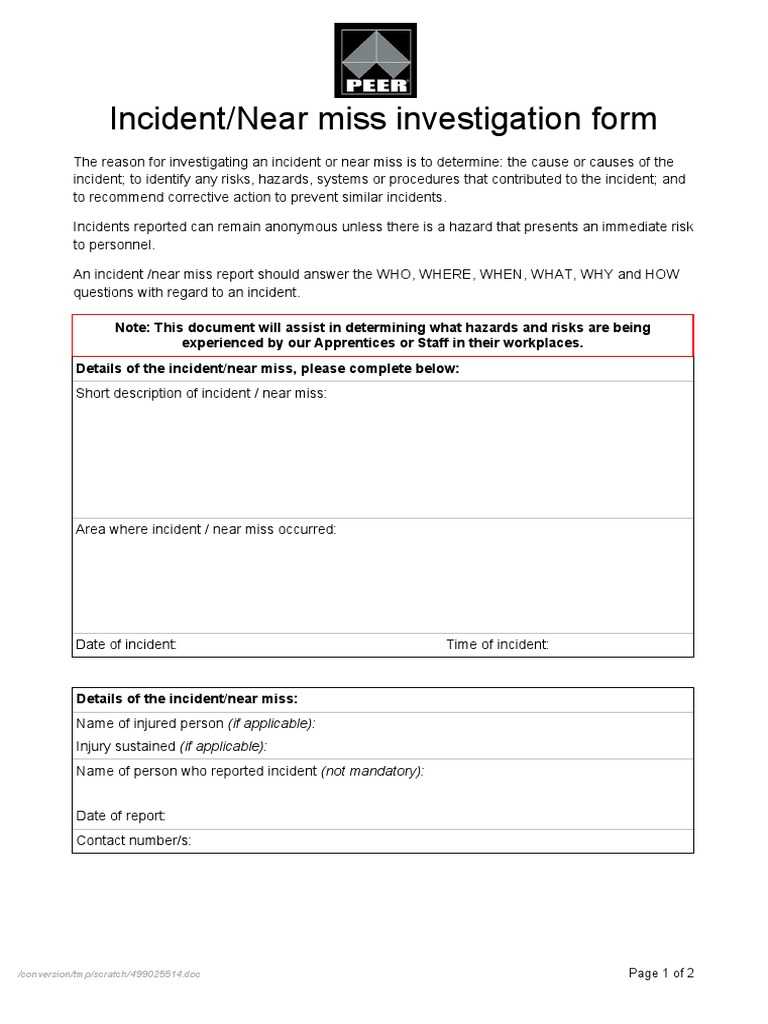 Incident Near Miss Investigation Form Template  PDF Regarding Near Miss Incident Report Template