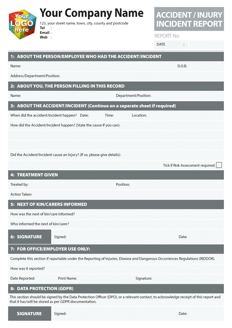 INCIDENT REPORT Accident Injury Form printed from £10 Within Incident Report Template Uk