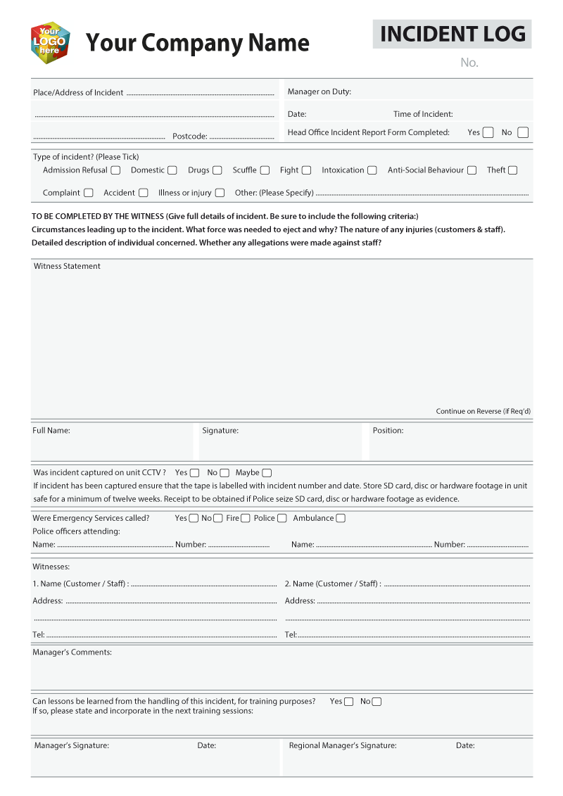 INCIDENT REPORT LOG Form printed from £10 Throughout Incident Report Book Template