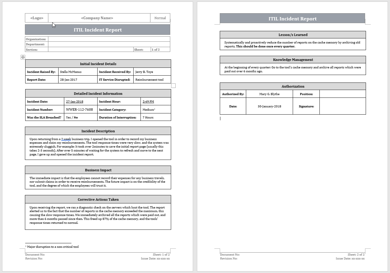 Incident Report Template  Major Incident Management Incident  For Itil Incident Report Form Template