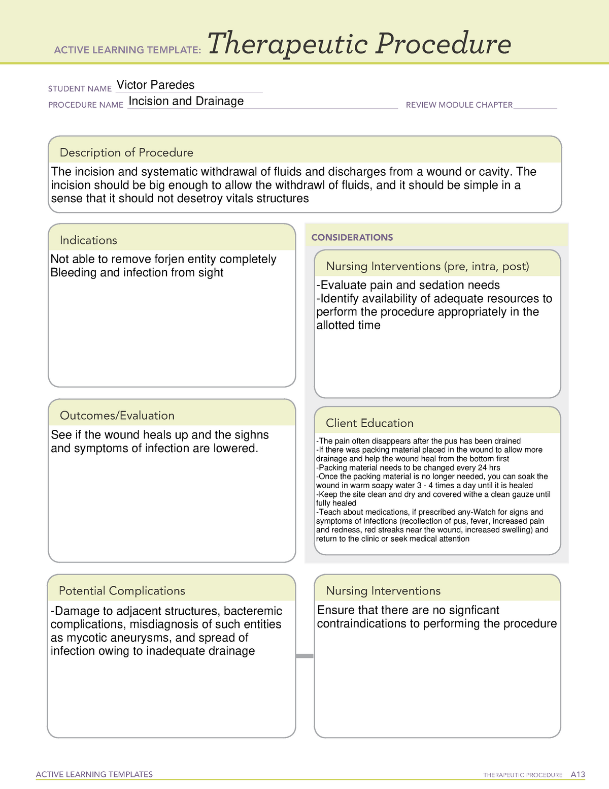 Incision and drain ati template basic skill - ACTIVE LEARNING  Throughout Drainage Report Template