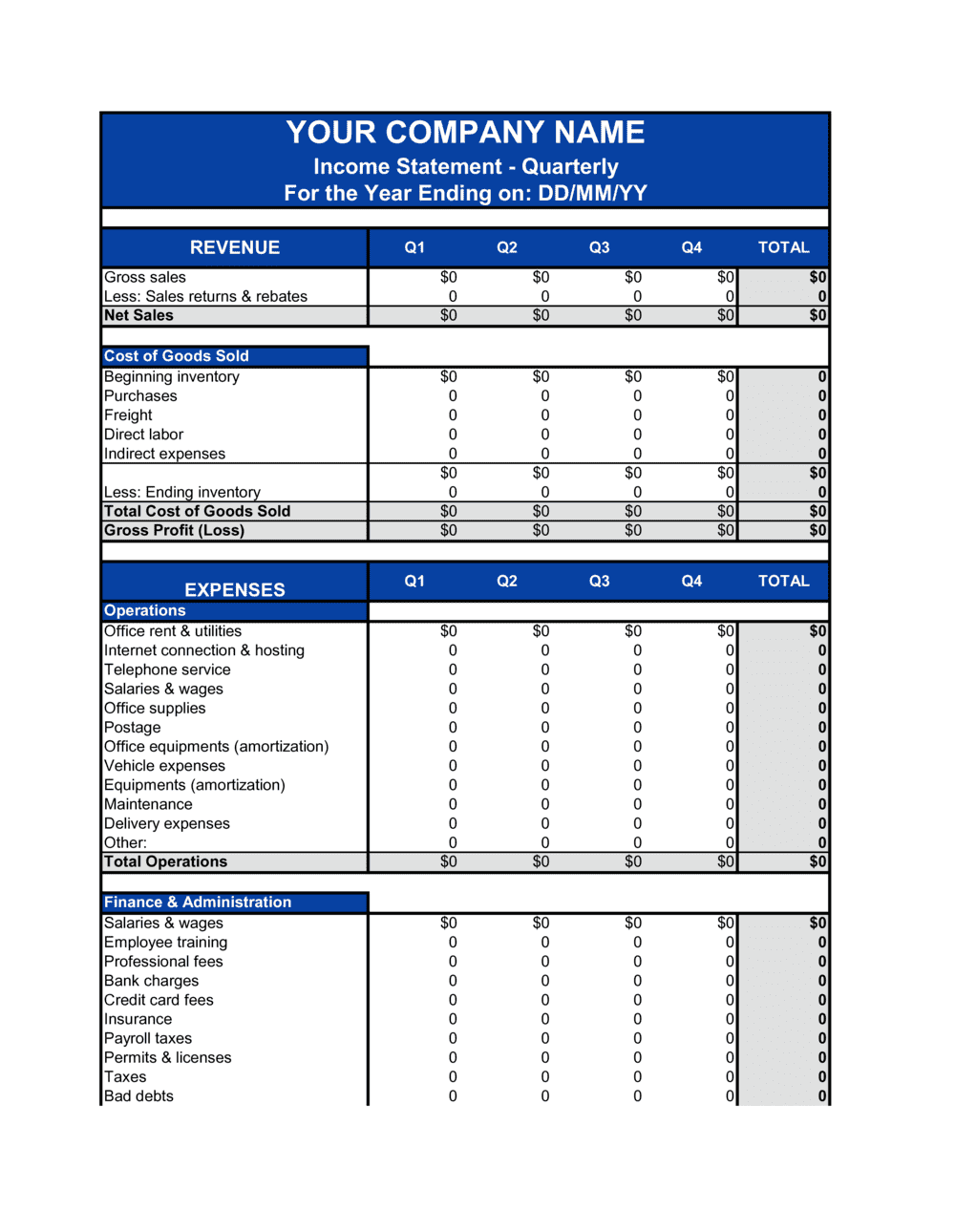 Income Statement_Quarterly Template  Business-in-a-Box™ Regarding Quarterly Expense Report Template