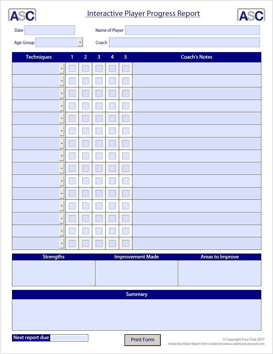 Interactive Player Report Form - Academy Soccer Coach  ASC Pertaining To Soccer Report Card Template