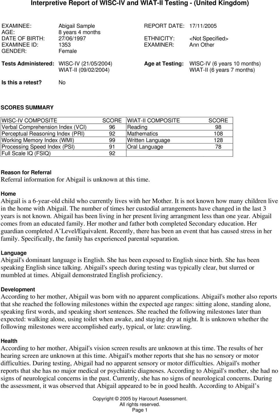 Interpretive Report Of WISC IV And WIAT II Testing – (United  Pertaining To Wppsi Iv Report Template