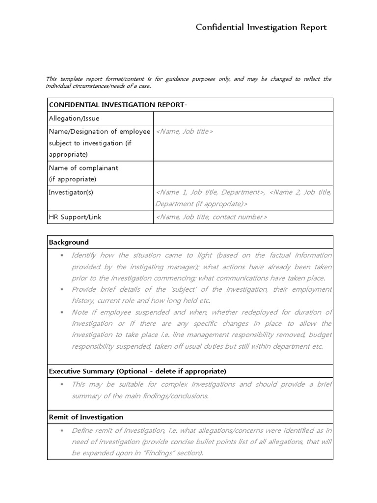 Investigation Template Report Form  PDF  Evidence  Burden Of  With Hr Investigation Report Template
