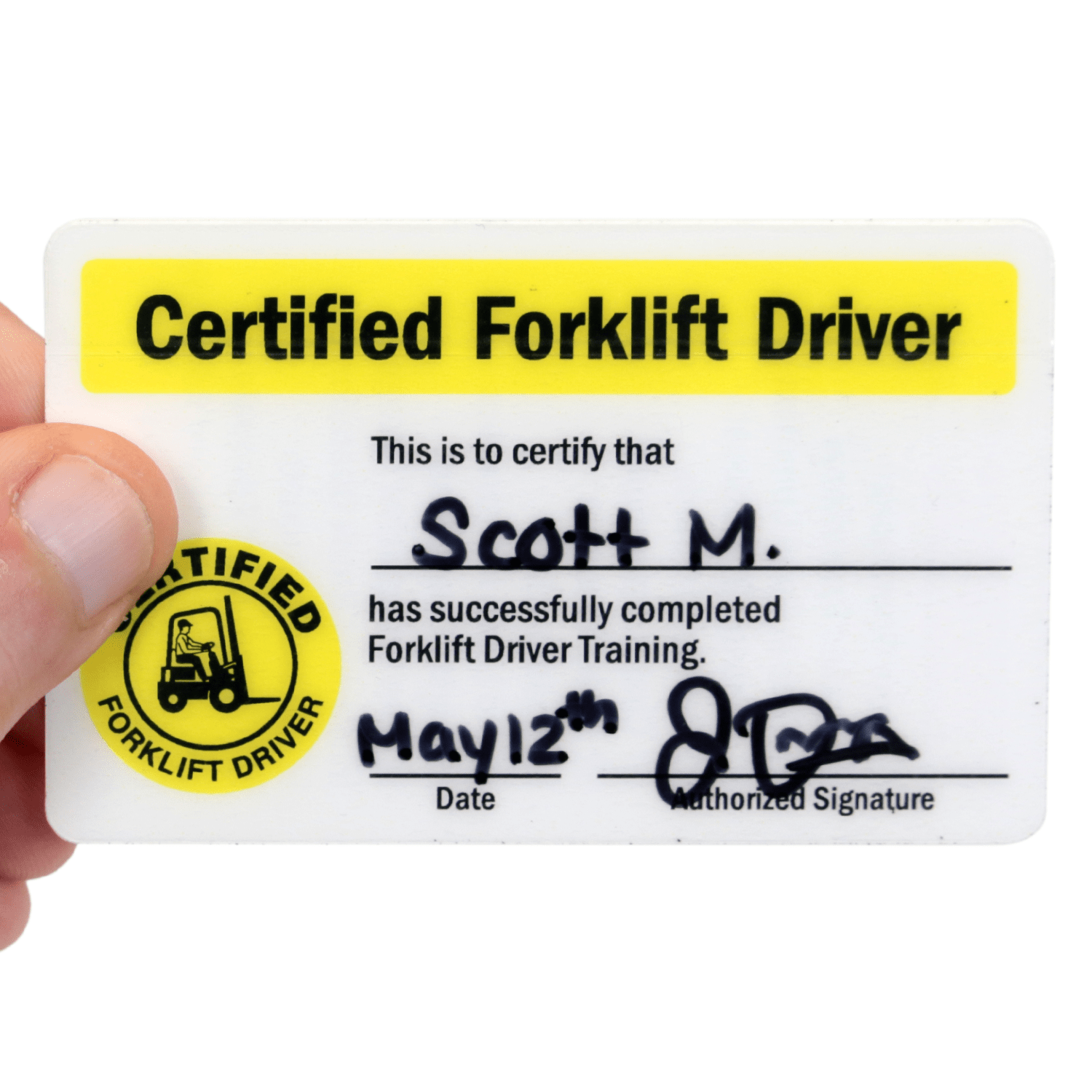 Issue this self-laminating wallet card to certify forklift drivers who have  completed their training successfully