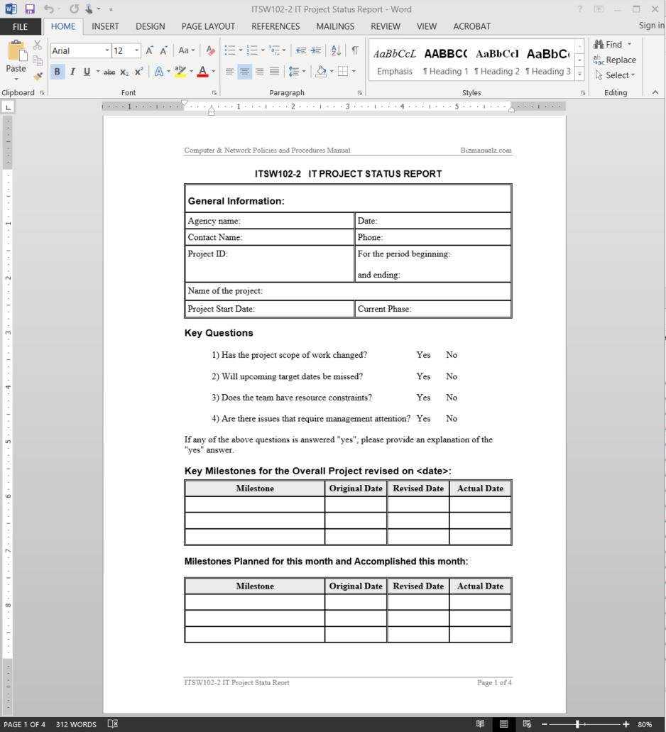 IT Project Status Report Template For Development Status Report Template