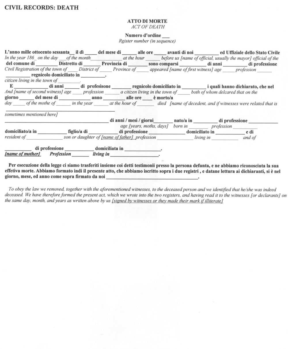 Italian Civil Death Document Translation • FamilySearch Within Death Certificate Translation Template