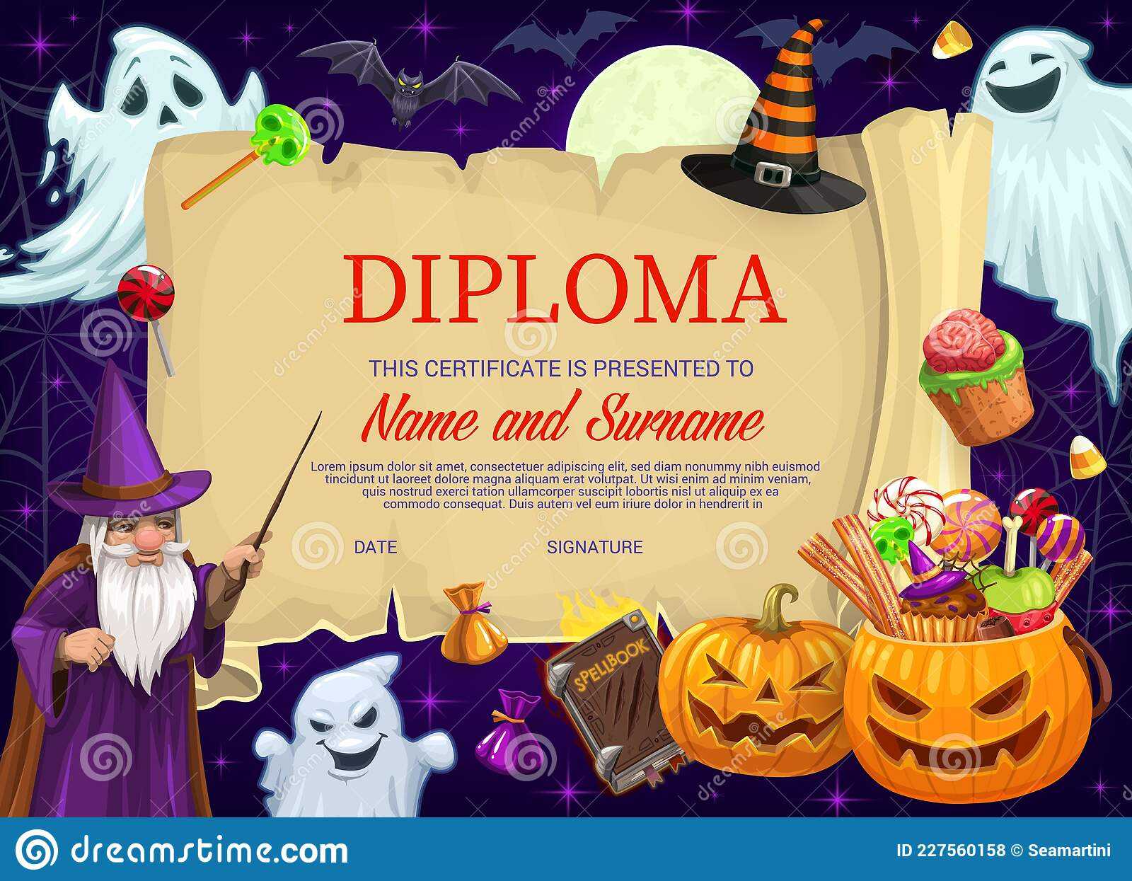 Kid Diploma Or Certificate With Halloween Monsters Stock Vector  With Halloween Certificate Template