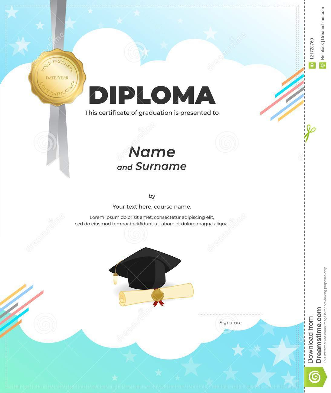 Kids Diploma or Certificate Template with Colorful Background  Pertaining To Preschool Graduation Certificate Template Free
