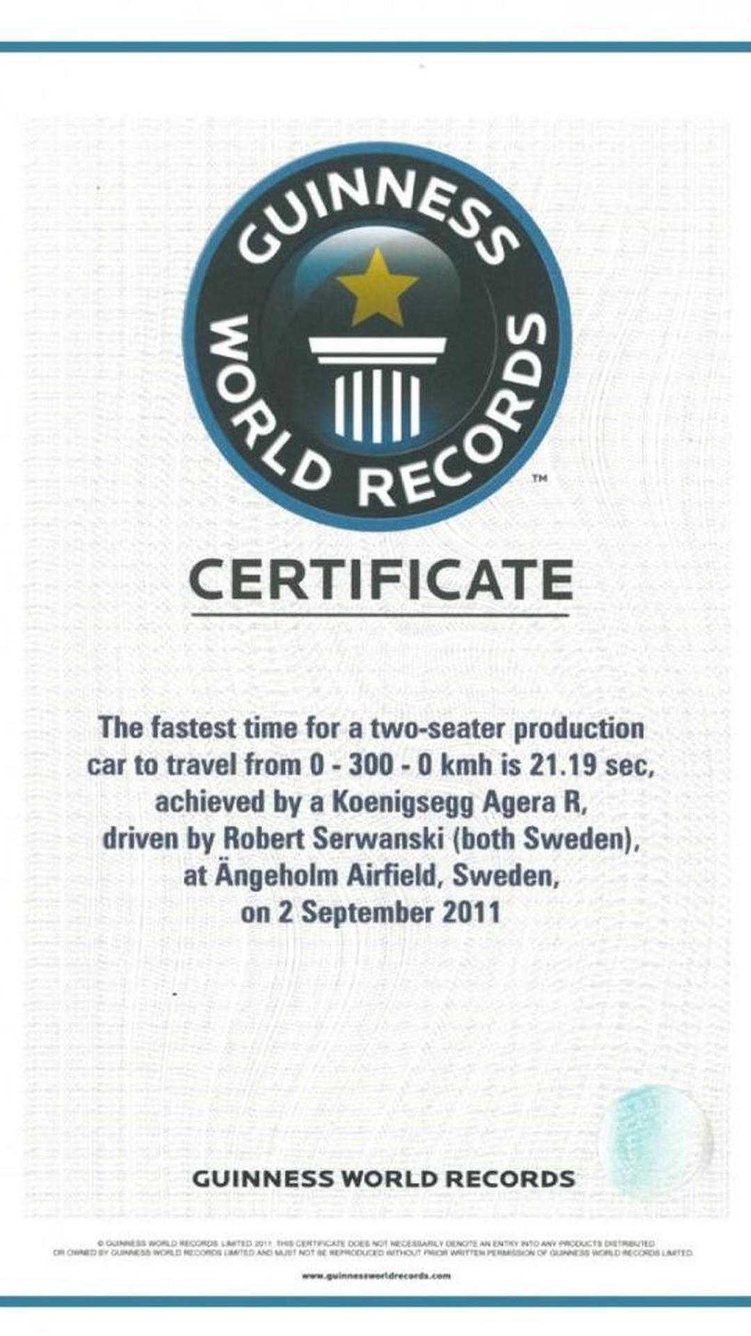 Koenigsegg Agera R Sets Guiness World Record For 110 3110110 110 Km/h  Throughout Guinness World Record Certificate Template