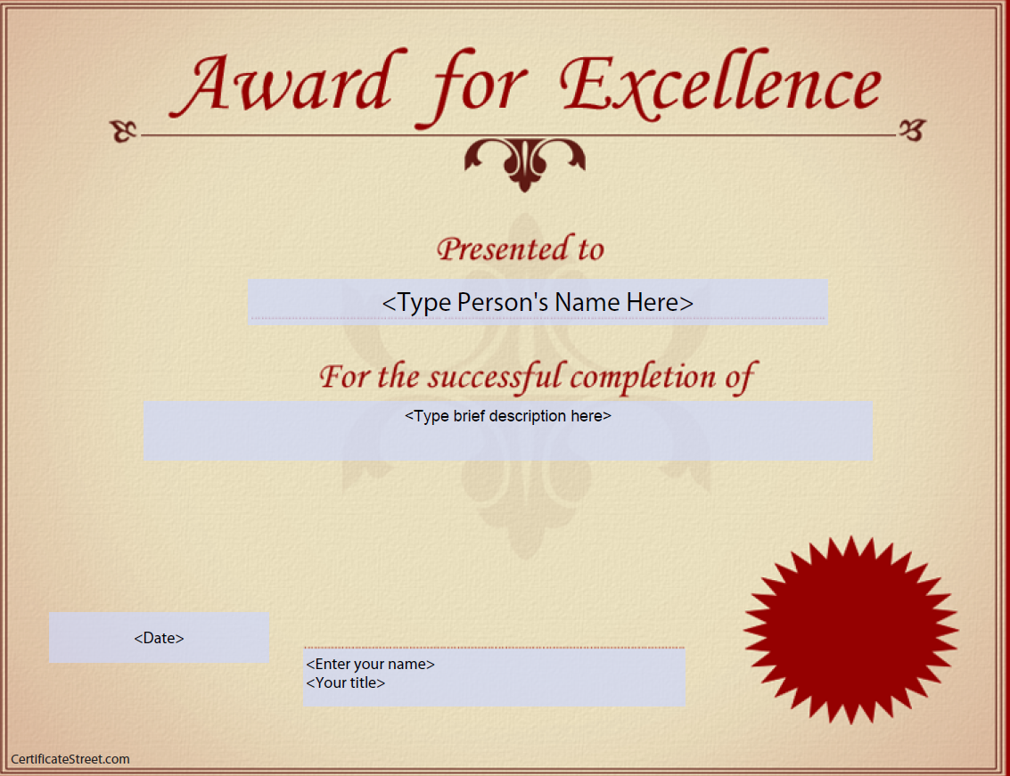 Kostenloses Award for Excellence Certificate Intended For Award Of Excellence Certificate Template