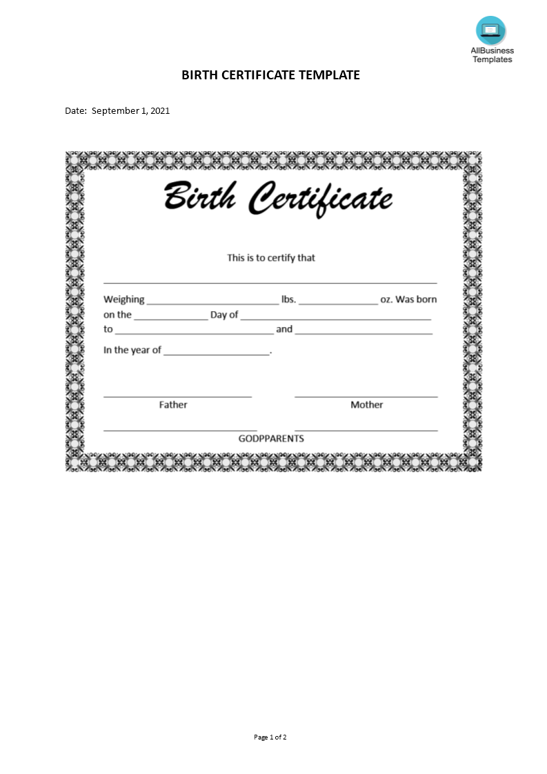 Kostenloses Birth Certificate template For Editable Birth Certificate Template